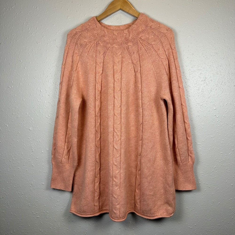 Soft Surroundings Sz 1x Cable Knit Nisette Sweater Long Pink Rolled Hem Mockneck